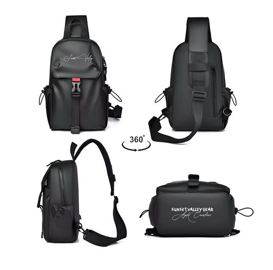 background Black sling bag with a Signature By Sunset Valley Gear logo on a white