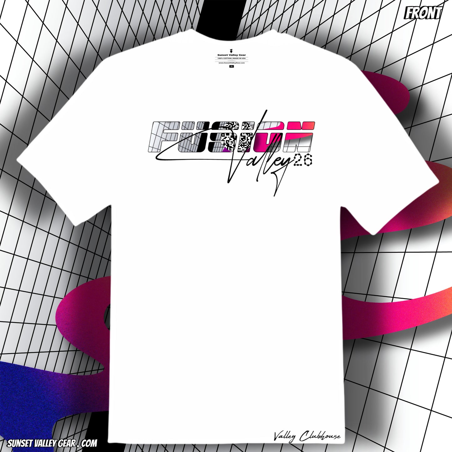 Fusion valley T-shirt by Sunset Valley Gear featured, colorful design, white T-shirt