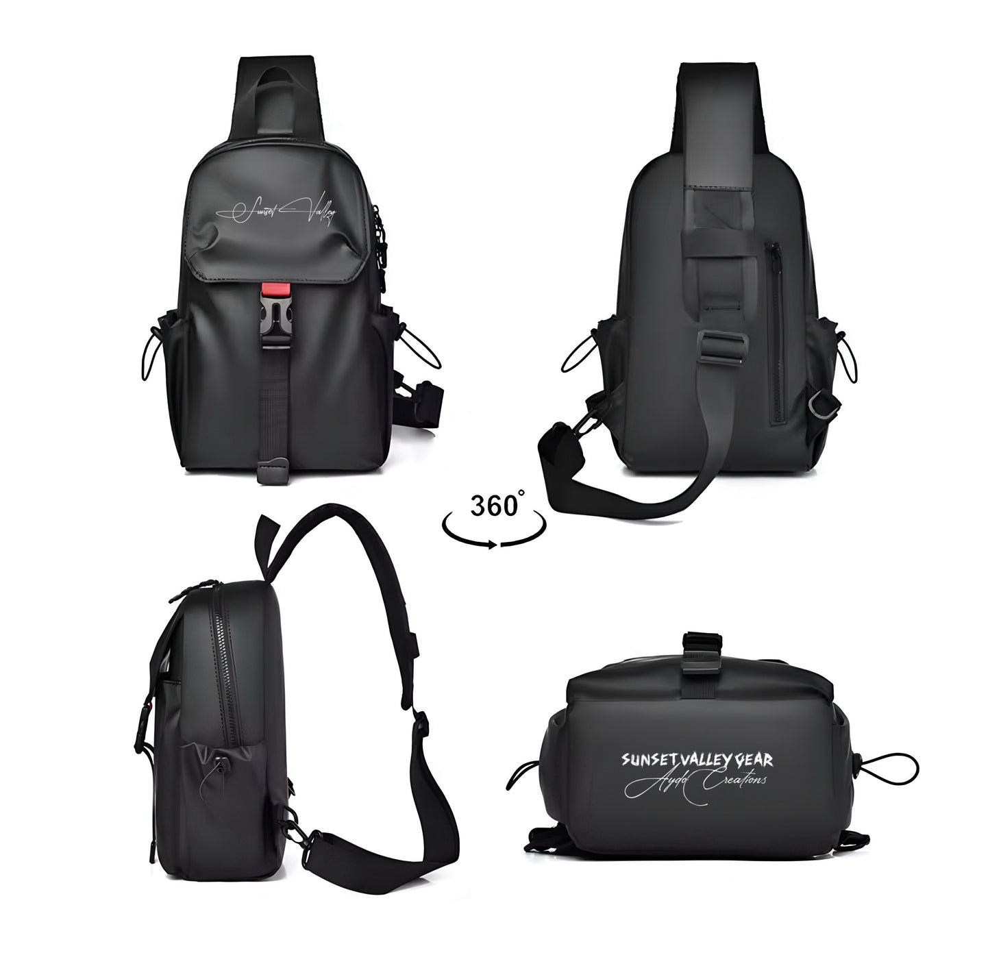 background Black sling bag with a Signature By Sunset Valley Gear logo on a white 