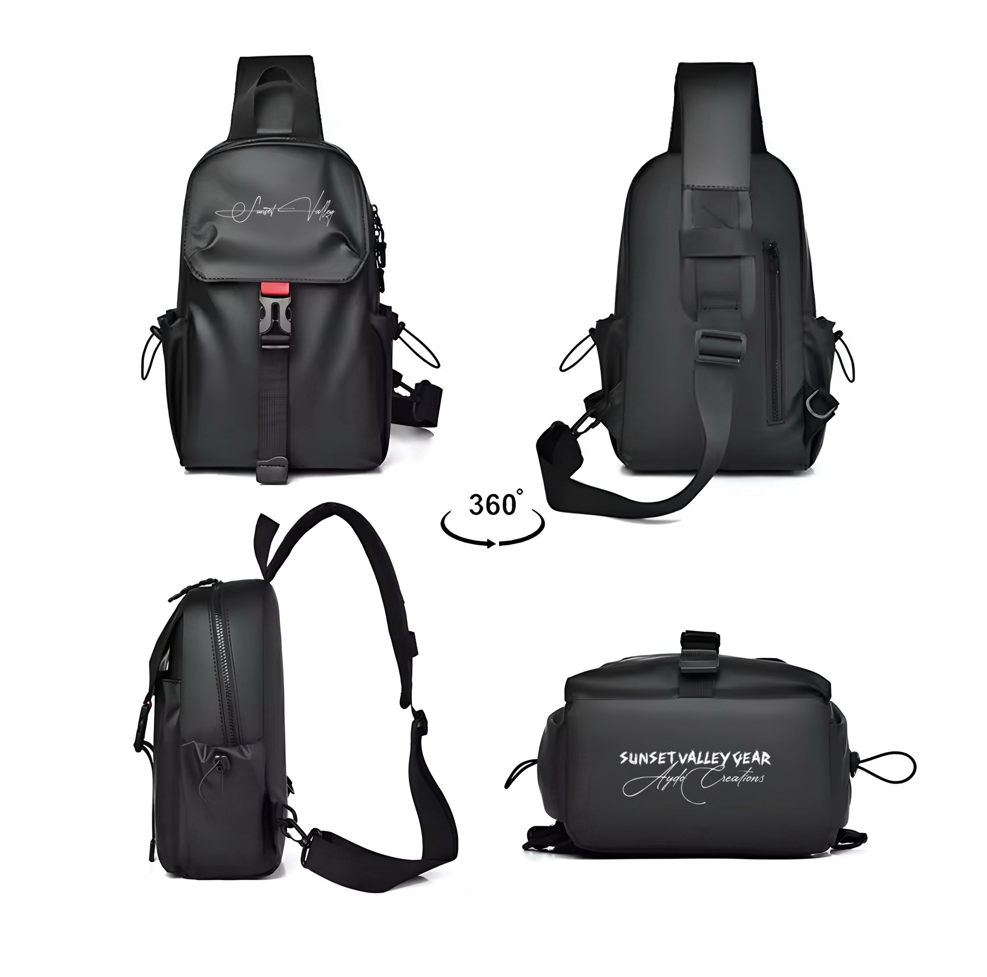 background Black sling bag with a Signature By Sunset Valley Gear logo on a white 