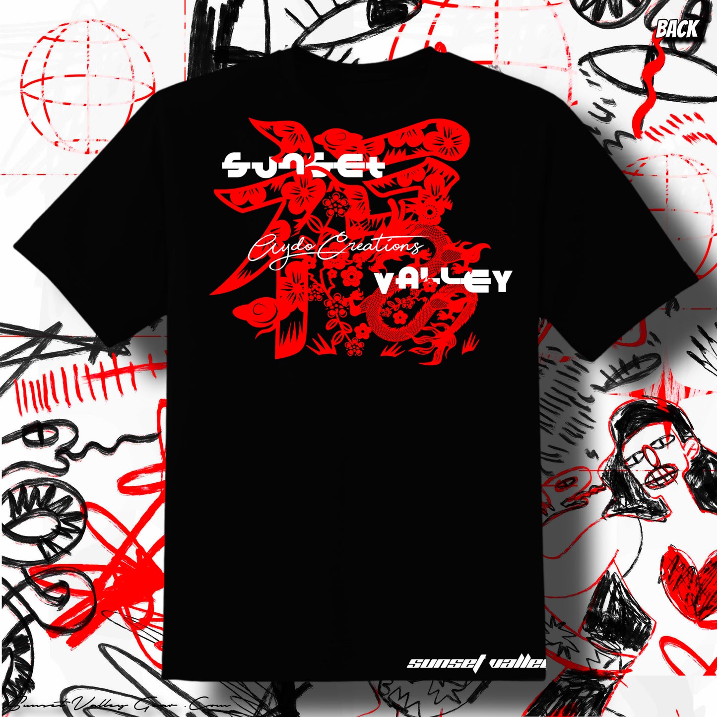 Black Sunset Valley Gear Dragon t-shirt with red and white graphic design on a colorful abstract background