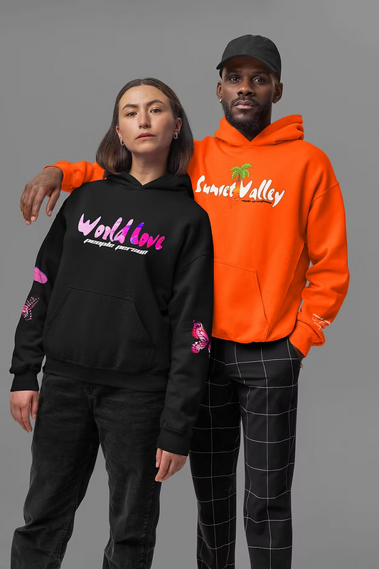 Two people wearing Black People Person hoodie with colorful text and butterfly designs on a dark background