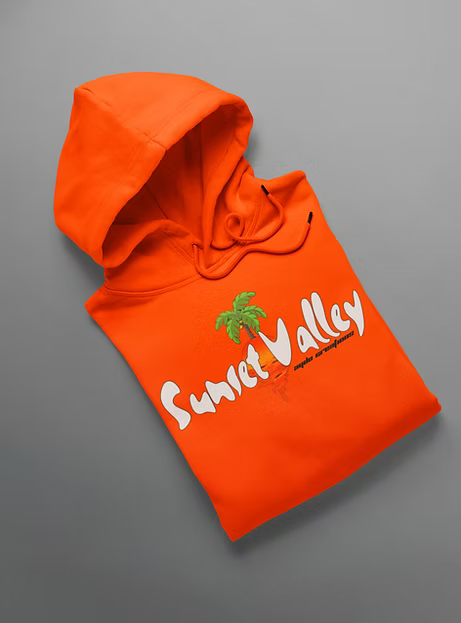Orange hoodie with 'Sunset Valley' text and palm tree design on a gray background