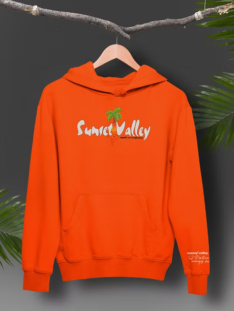 Orange hoodie with 'Sunset Valley' text on a dark background