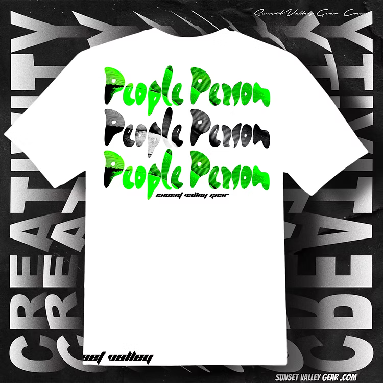 White t-shirt with People Person green and black text on a black background with white text by Sunset Valley Gear