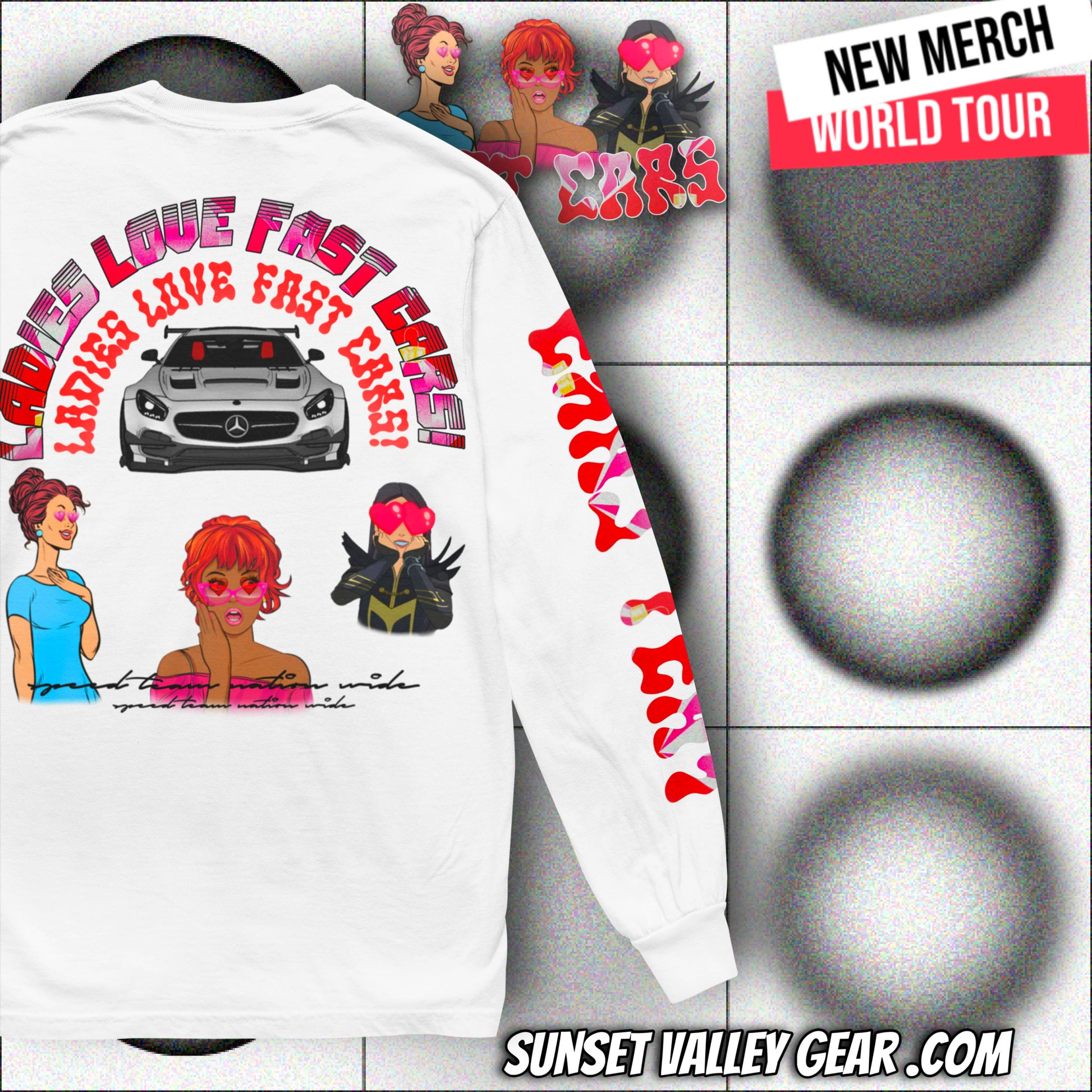 White long-sleeve shirt Ladies Love Fast Cars By Sunset Valley Gear with colorful graphics and text on a gray background