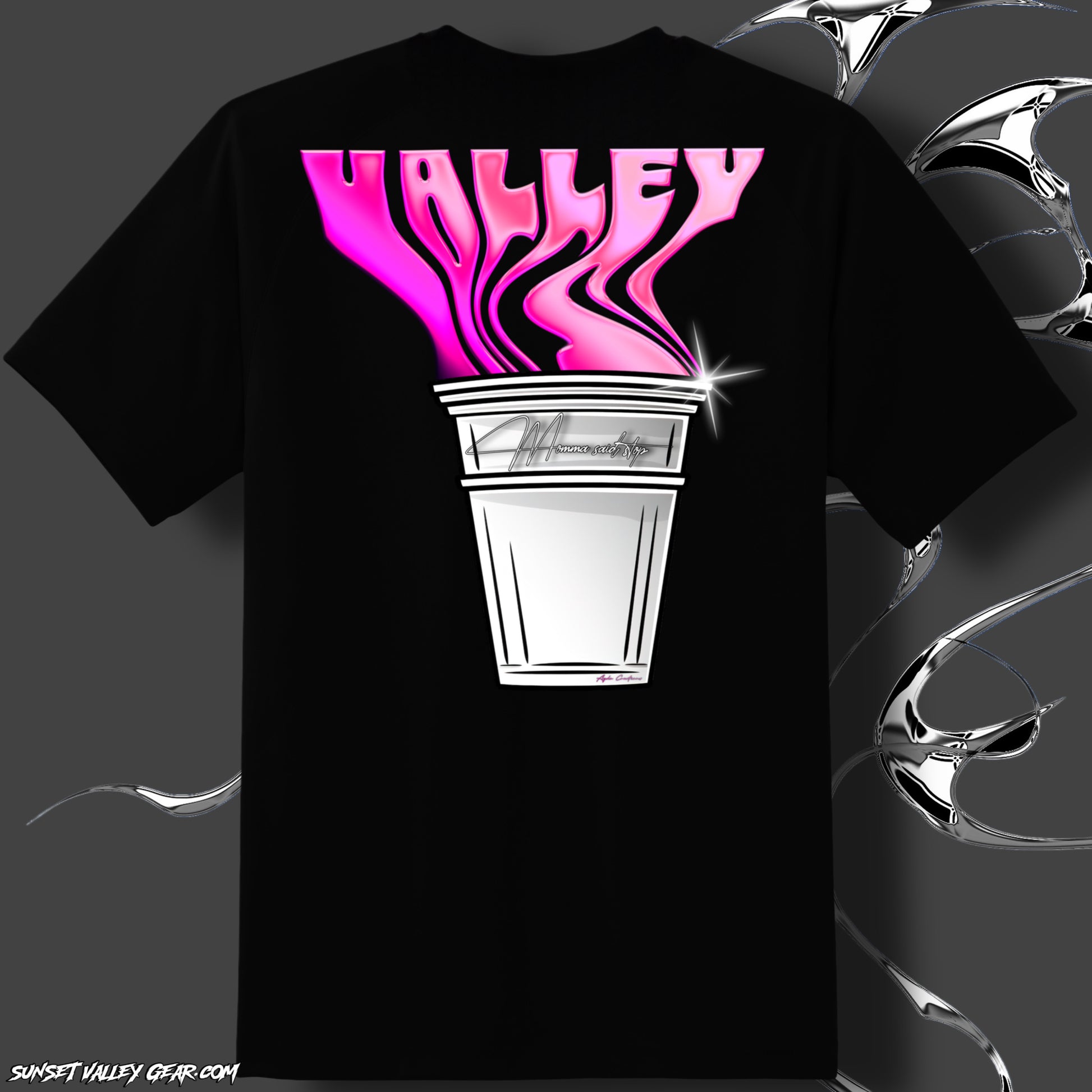 Black t-shirt Sipping Lean By Sunset Valley Gear with pink and white design on a dark background Back View