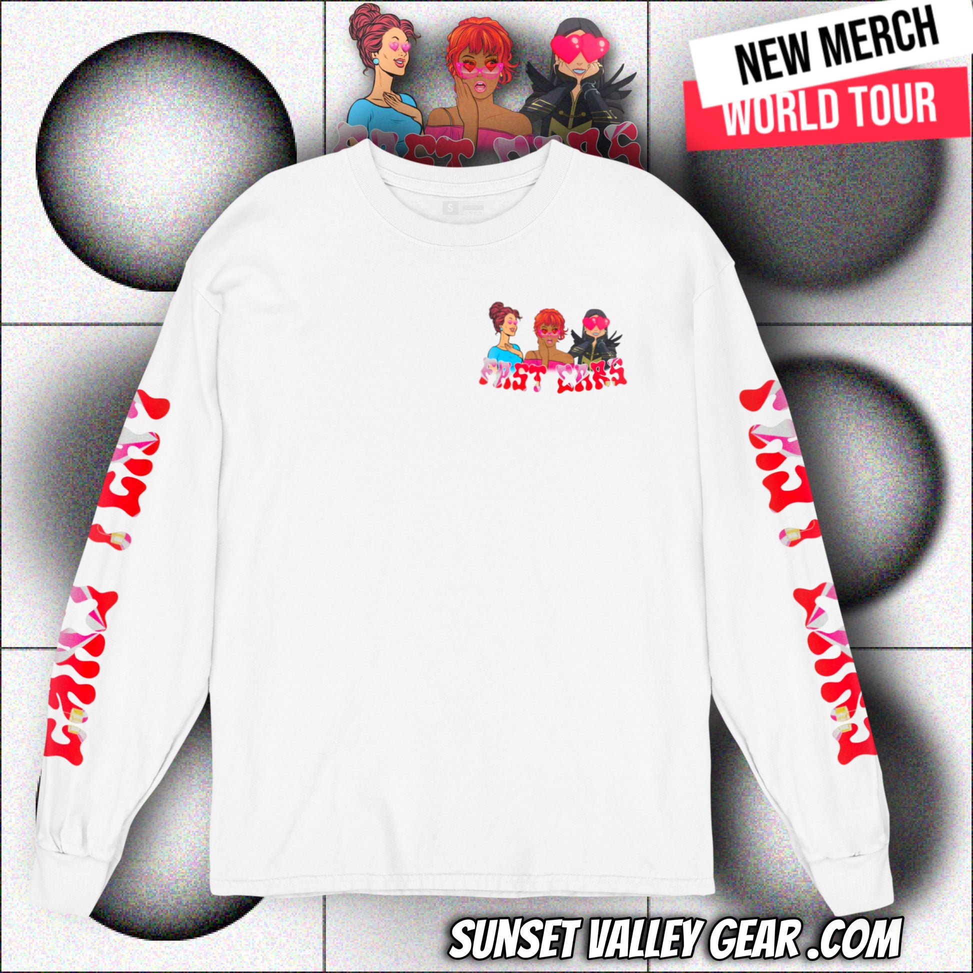 White long-sleeve shirt Ladies Love Fast Cars By Sunset Valley Gear with colorful graphics and text on a gray 