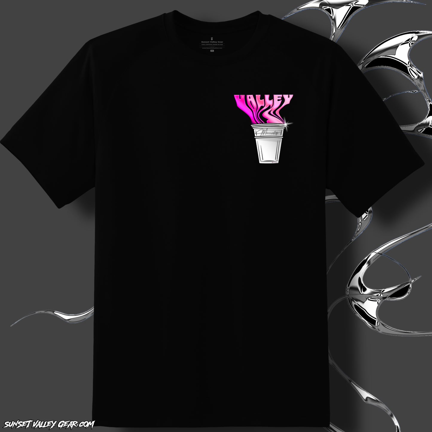 Black t-shirt Sipping Lean By Sunset Valley Gear with pink and white design on a dark background front view