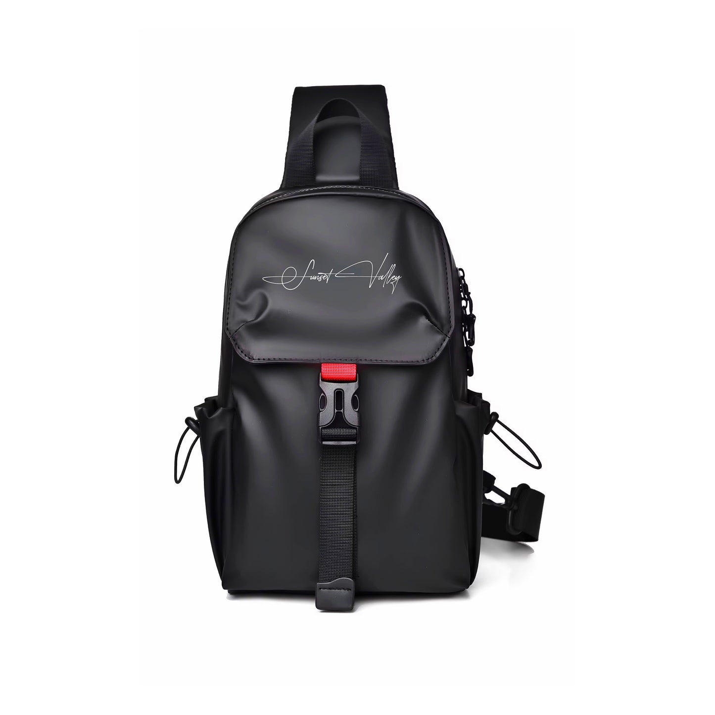 background Black sling bag with a Signature By Sunset Valley Gear logo on a white 