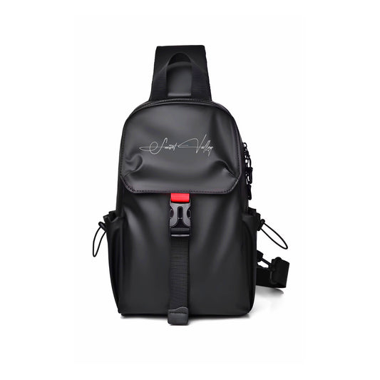 background Black sling bag with a Signature By Sunset Valley Gear logo on a white 