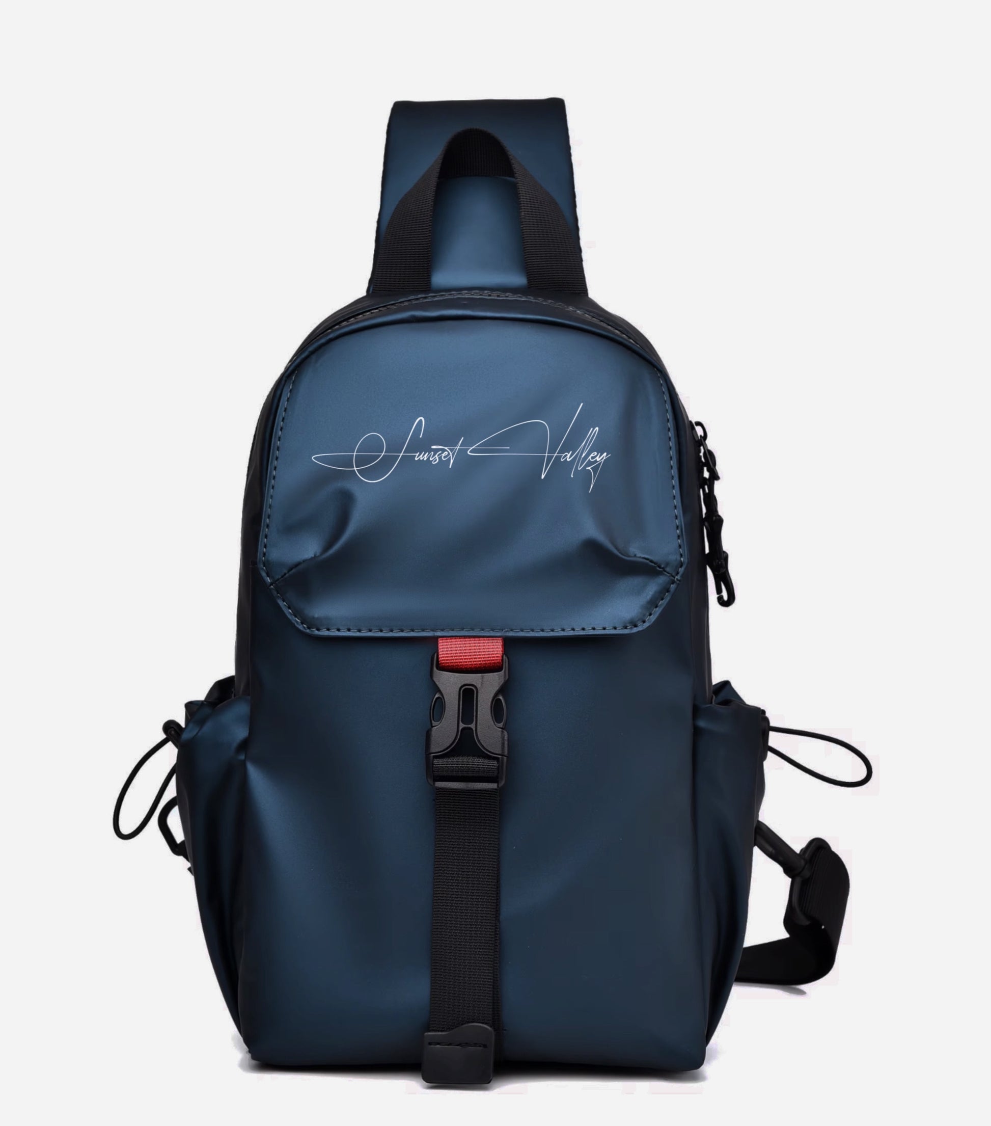 Blue sling bag with a brand logo on a white background