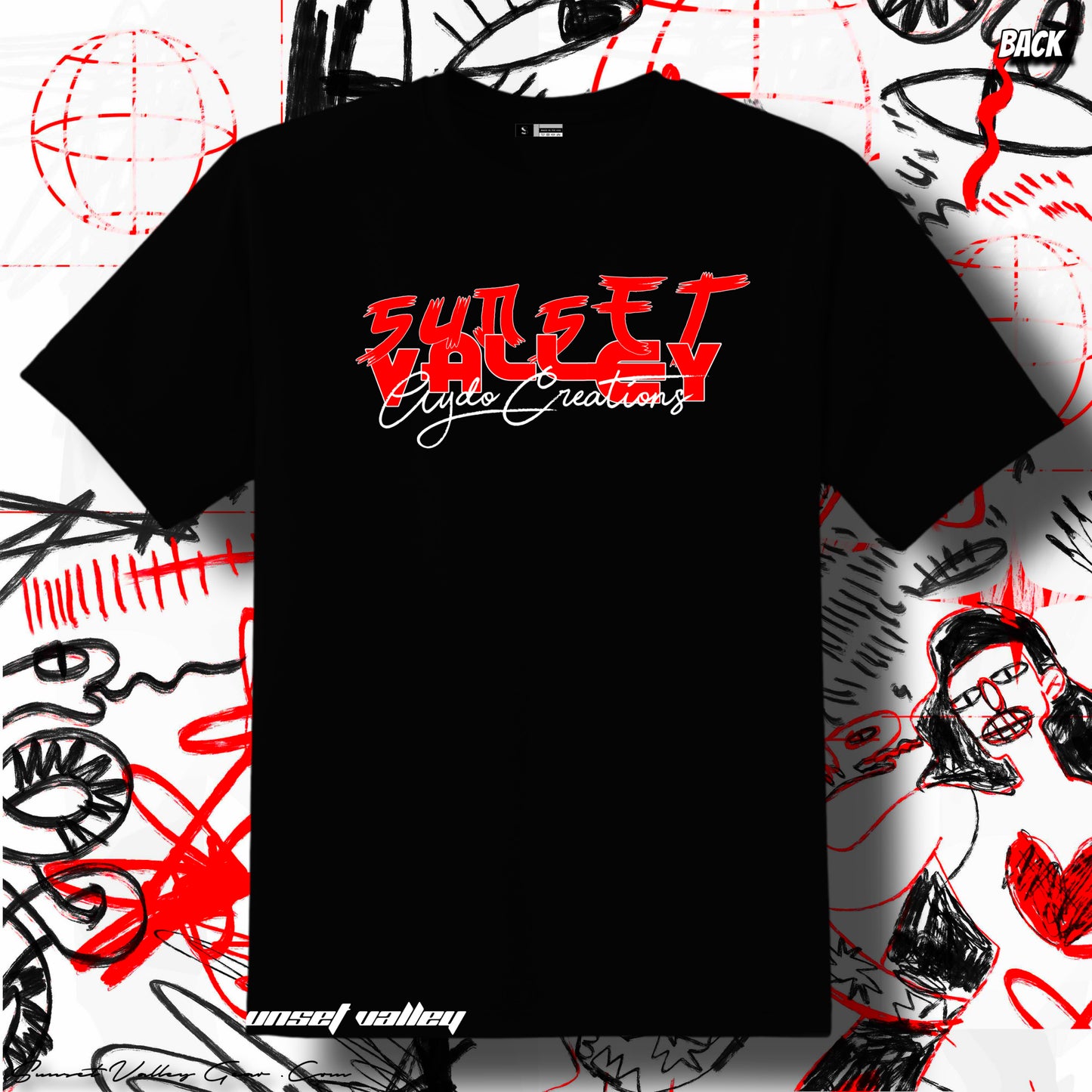 Black Sunset Valley Gear Dragon t-shirt with red and white graphic design on a colorful abstract background