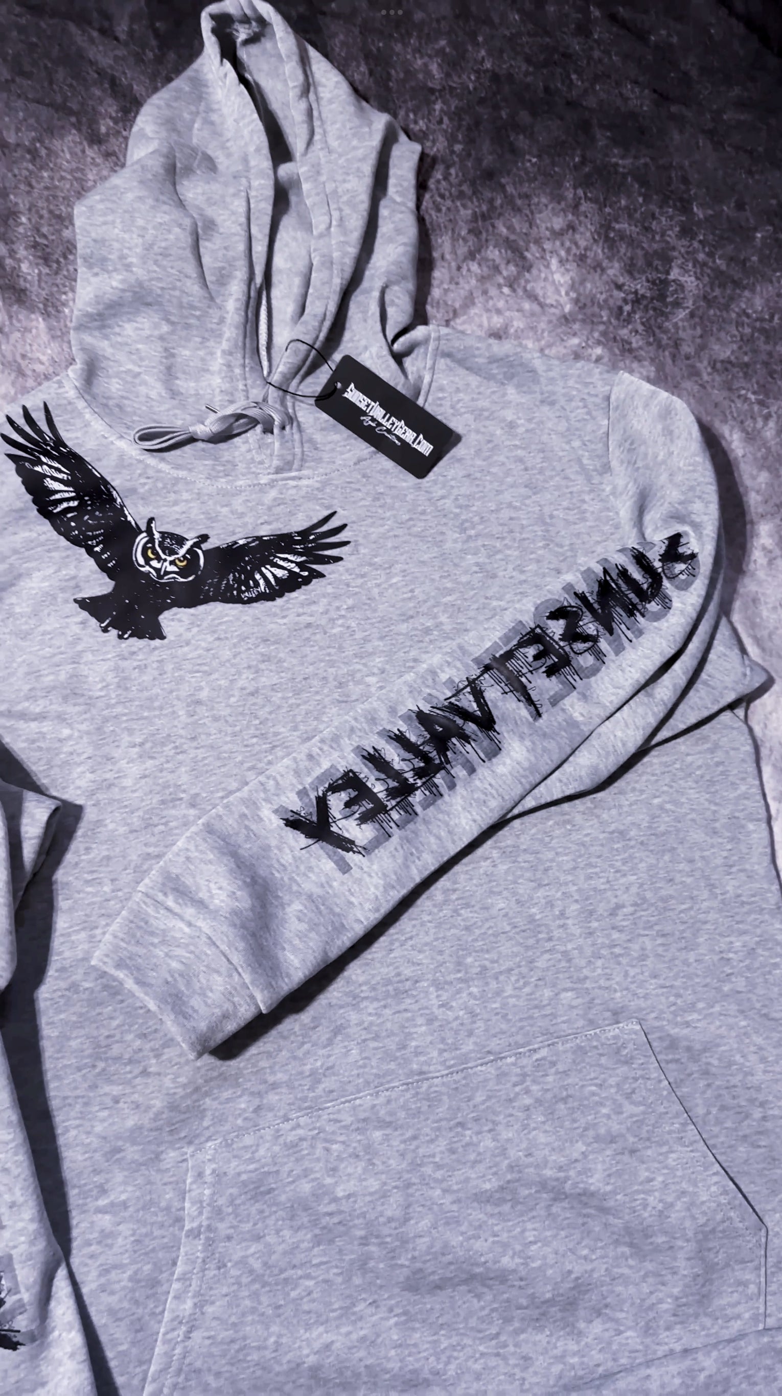 Gray hoodie with eagle design and text on a dark background