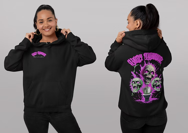 Person wearing a black hoodie with pink and purple designs on a gray background Sunset-Valley_gear-3gs-hoodie-unisex-pink-design-blakc-hoodie-female-model