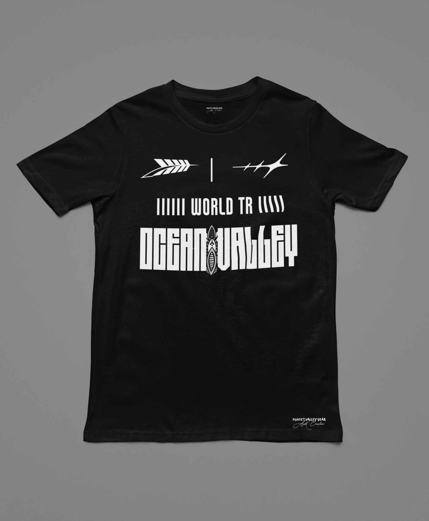 Black t-shirt Ocean Valley By Sunset Valley Gear with white text and graphics on a gray background