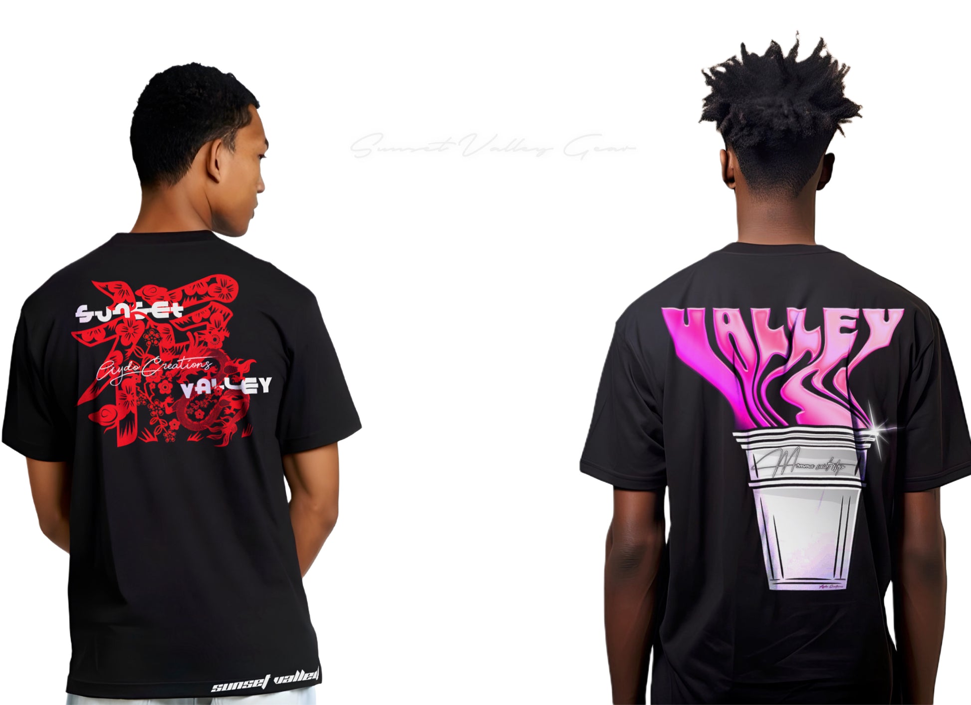Black t-shirt Sipping Lean By Sunset Valley Gear with pink and white design on a dark background Two black t-shirts with colorful designs on the back, worn by a person.